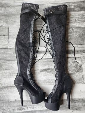Pleaser Delight 3025ML Thigh High Platform Boots Black Lace Size 8